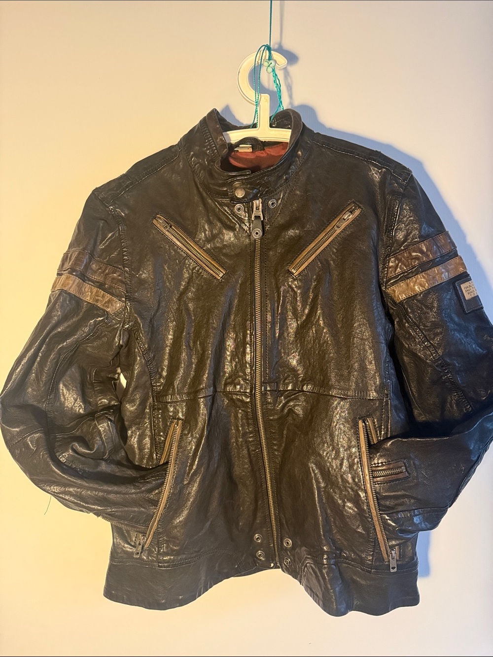 Diesel Brown and Black Leather Bomber Jacket